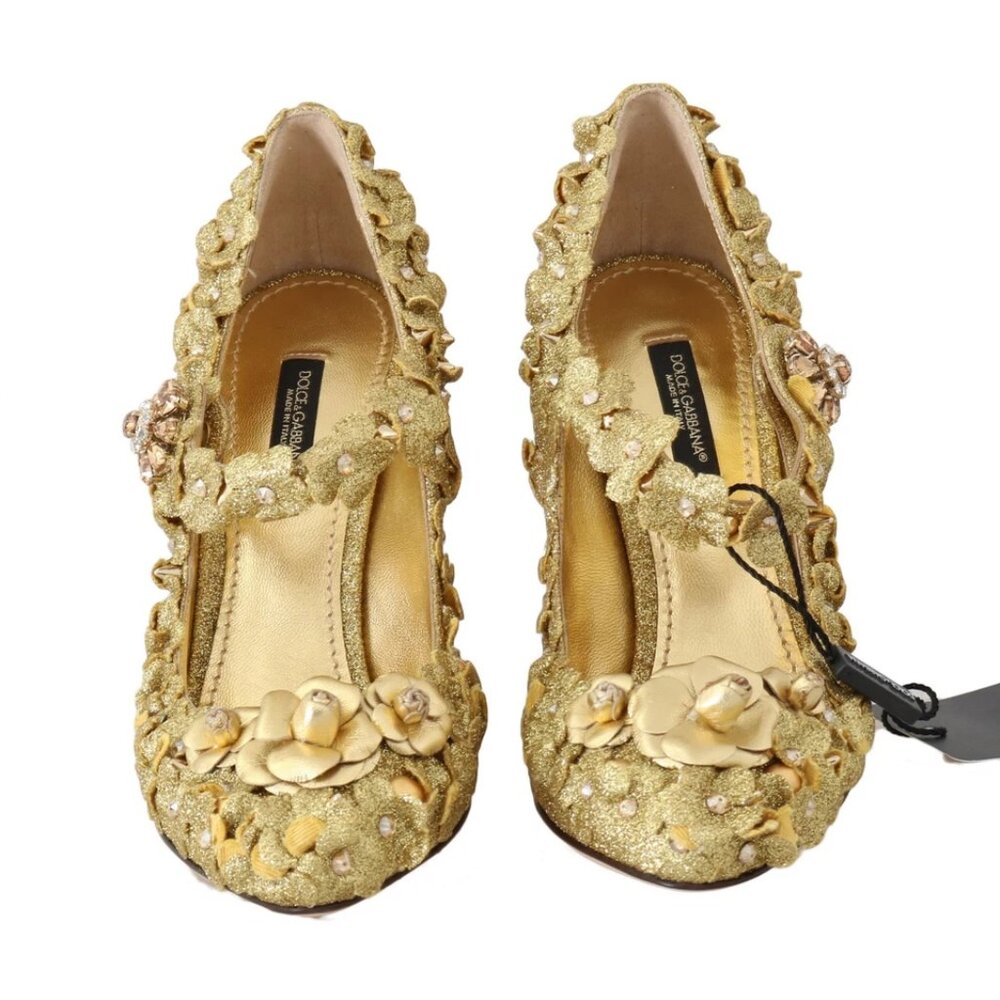 DG GOLD FLORAL CRYSTAL MARY JANES PUMPS